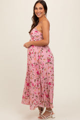 Pink Floral Sleeveless Pleated Maternity Midi Dress