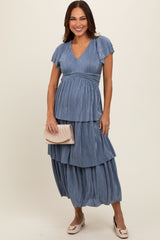 Blue Pleated Tiered Maternity Midi Dress