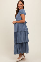 Blue Pleated Tiered Maternity Midi Dress
