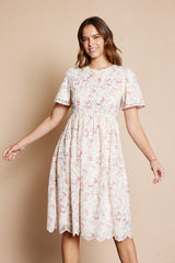 Ivory Floral Embroidered Eyelet Midi Dress