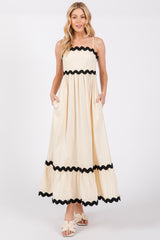 Beige Contrast Wavy Trim Maxi Dress