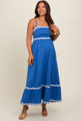 Royal Blue Contrast Wavy Trim Maternity Maxi Dress