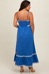 Royal Blue Contrast Wavy Trim Maternity Maxi Dress