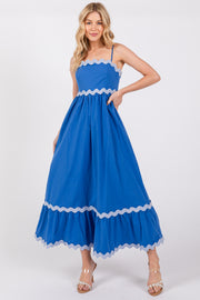 Royal Blue Contrast Wavy Trim Maxi Dress