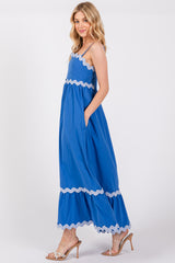 Royal Blue Contrast Wavy Trim Maxi Dress