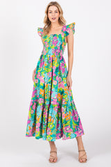 Green Floral Ruffle Shoulder Smocked Midi Dress