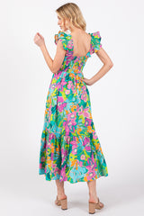 Green Floral Ruffle Shoulder Smocked Midi Dress