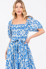 Blue Floral Smocked Short Puff Sleeve Midi Dress