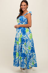 Blue Leaf Print Smocked Maternity Maxi Dress