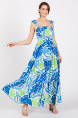 Blue Leaf Print Smocked Maxi Dress