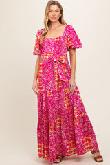 Fuchsia Floral Smocked Short Puff Sleeve Tiered Maternity Maxi Dress