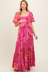 Fuchsia Floral Smocked Short Puff Sleeve Tiered Maternity Maxi Dress