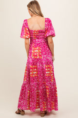 Fuchsia Floral Smocked Short Puff Sleeve Tiered Maternity Maxi Dress