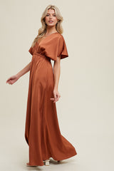 Rust Satin V-Neck Flutter Short Sleeve Maxi Dress