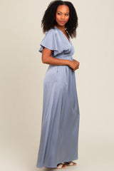 Blue Satin V-Neck Flutter Short Sleeve Maxi Dress