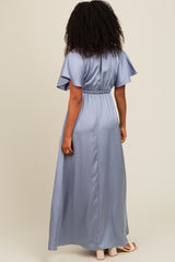 Blue Satin V-Neck Flutter Short Sleeve Maxi Dress