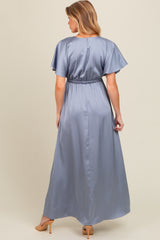 Grey Satin V-Neck Flutter Short Sleeve Maternity Maxi Dress