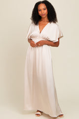 Cream Satin V-Neck Flutter Short Sleeve Maxi Dress