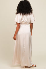 Cream Satin V-Neck Flutter Short Sleeve Maxi Dress