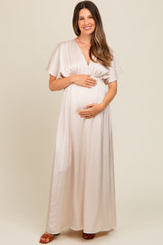 Cream Satin V-Neck Flutter Short Sleeve Maternity Maxi Dress