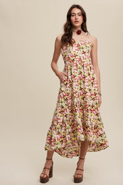 Yellow Floral Tiered Hi-Low Midi Dress