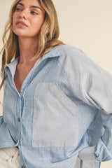 Light Blue Striped Colorblock Button Up Top