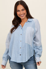 Light Blue Striped Colorblock Button Up Maternity Top