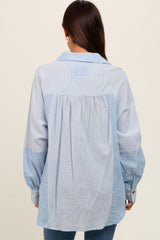 Light Blue Striped Colorblock Button Up Maternity Top