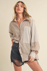 Beige Striped Colorblock Button Up Top