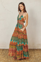 Green Damask Halter Maxi Dress