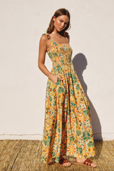 Yellow Floral Smocked Shoulder Tie Maternity Maxi Dress