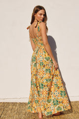 Yellow Floral Smocked Shoulder Tie Maxi Dress