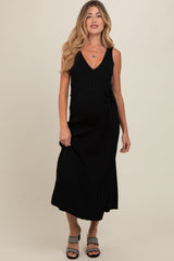 Black Pleated V-Neck Waist Tie Sweater Maternity Maxi Dress