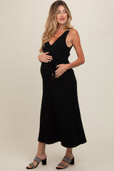 Black Pleated V-Neck Waist Tie Sweater Maternity Maxi Dress