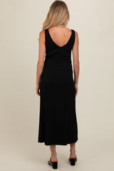 Black Pleated V-Neck Waist Tie Sweater Maternity Maxi Dress