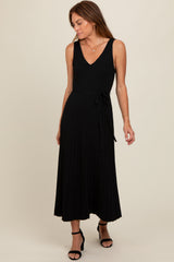 Black Pleated V-Neck Waist Tie Sweater Maternity Maxi Dress