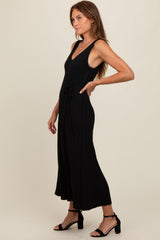 Black Pleated V-Neck Waist Tie Sweater Maxi Dress