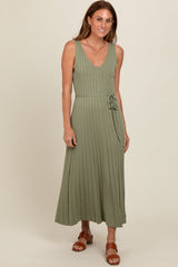 Light Olive Pleated V-Neck Waist Tie Sweater Maxi Dress