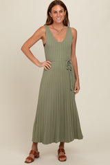 Light Olive Pleated V-Neck Waist Tie Sweater Maxi Dress