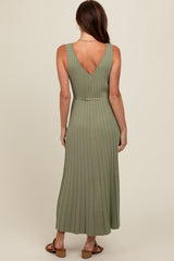 Light Olive Pleated V-Neck Waist Tie Sweater Maxi Dress