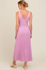 Pink Pleated V-Neck Waist Tie Sweater Maternity Maxi Dress