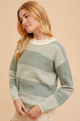 Sage Crew Neck Oversized Two-Tone Stripe Sweater