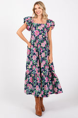 Navy Blue Floral Square Neck Puffy Sleeves Maternity Dress