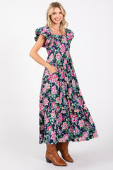 Navy Blue Floral Square Neck Puffy Sleeves Dress