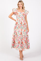 Cream Floral Square Neck Puffy Sleeves Maternity Dress