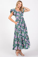 Green Floral Square Neck Puffy Sleeves Dress