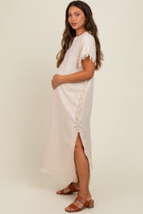 Cream Linen Fringe Accent Side Slit Maternity Midi Dress