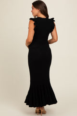 Black Ruffle Sleeve Mermaid Hem Maternity Midi Dress