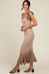 Beige Ruffle Sleeve Mermaid Hem Midi Dress