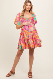 Fuchsia Printed Smocked Puff Sleeve Maternity Dress